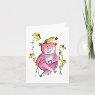 Niedlicher Whimsical Pig Drink Kaffee Karte