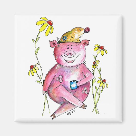 Niedlicher Whimsical Pig Drink Kaffee Magnet (Vorne)