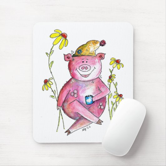 Niedlicher Whimsical Pig Drink Kaffee Mousepad (Mit Mouse)