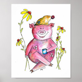 Niedlicher Whimsical Pig Drink Kaffee Poster