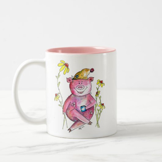 Niedlicher Whimsical Pig Drink Kaffee Zweifarbige Tasse (Links)