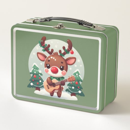Niedlicher Whimsical Rentier mit Gitarre Metall Brotdose (Vorderseite)