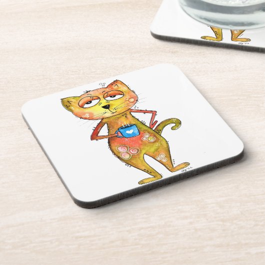 Niedlicher Whimsical Tired Cat Drink Kaffee Getränkeuntersetzer (Linke Seite)