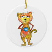 Niedlicher Whimsical Tired Cat Drink Kaffee Keramik Ornament (Vorne)
