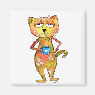 Niedlicher Whimsical Tired Cat Drink Kaffee Magnet