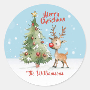 Niedlicher Whimsical Watercolor Rentier Weihnachts Runder Aufkleber