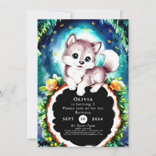 Niedlicher Whimsical Woodland Wolf Geburtstag Einladung