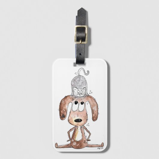 Niedlicher Whimsikaler Hund mit Katze auf seinem K Gepäckanhänger (Vorderseite Vertikal)