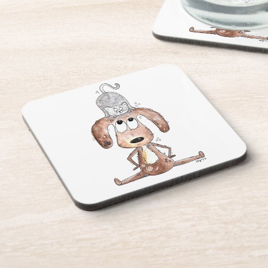 Niedlicher Whimsikaler Hund mit Katze auf seinem K Getränkeuntersetzer (Linke Seite)