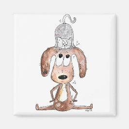 Niedlicher Whimsikaler Hund mit Katze auf seinem K Magnet