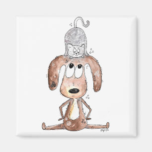 Niedlicher Whimsikaler Hund mit Katze auf seinem K Magnet