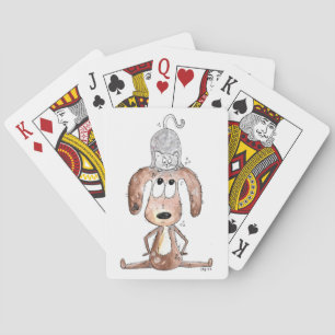 Niedlicher Whimsikaler Hund mit Katze auf seinem K Spielkarten