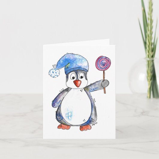 Niedlicher Whimsikaler Pinguin mit Lollipop Karte (Vorderseite)