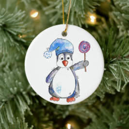 Niedlicher Whimsikaler Pinguin mit Lollipop Keramik Ornament