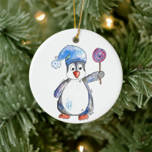 Niedlicher Whimsikaler Pinguin mit Lollipop Keramik Ornament