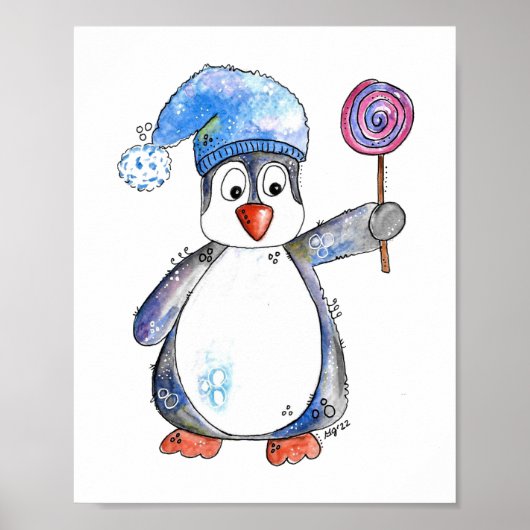 Niedlicher Whimsikaler Pinguin mit Lollipop Poster (Vorne)