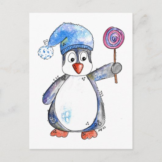 Niedlicher Whimsikaler Pinguin mit Lollipop Postkarte (Vorderseite)