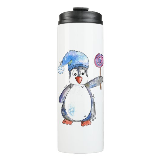 Niedlicher Whimsikaler Pinguin mit Lollipop Thermosbecher (Vorderseite)