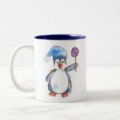 Niedlicher Whimsikaler Pinguin mit Lollipop Zweifarbige Tasse (Links)