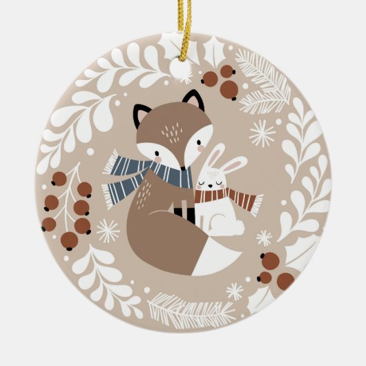 Niedlicher Whimsikalfuchs und Kaninchen Keramik Ornament (Vorne)
