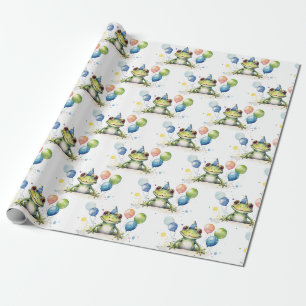 Niedlicher Whimsikgrüner Frosch mit Ballons Geschenkpapier