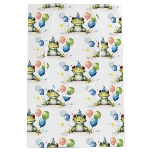 Niedlicher Whimsikgrüner Frosch mit Ballons Mittlere Geschenktüte (Vorderseite)