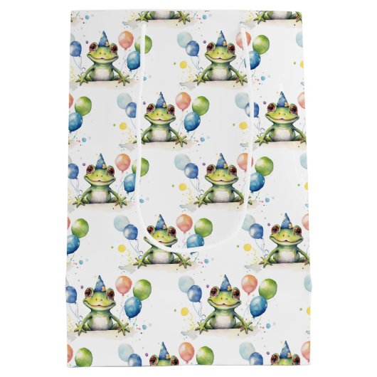 Niedlicher Whimsikgrüner Frosch mit Ballons Mittlere Geschenktüte (Rückseite)