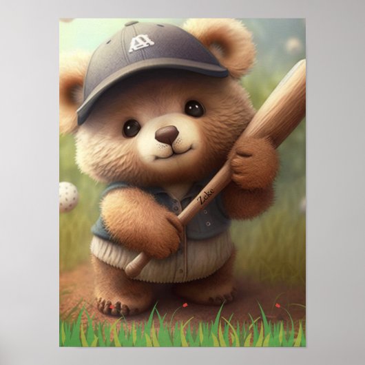Niedlicher Whimsischer Bär, Baseball Personalisier Poster (Vorne)