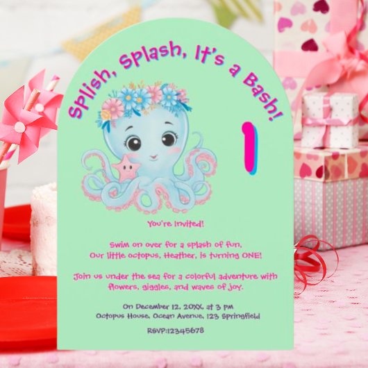 Niedlicher Whimsischer Floral Octopus Girly Kinder Einladung