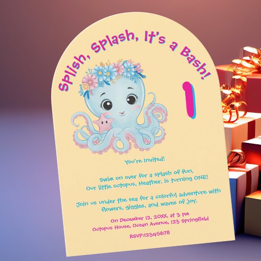 Niedlicher Whimsischer Floral Octopus Girly Kinder Einladung