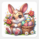 Niedlicher Whimsischer Osterhase mit Korb Quadratischer Aufkleber (Vorderseite)