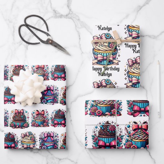 Niedlicher Whimsischer Personalisierter Cupcake Ge Geschenkpapier Set (Vorderseite)