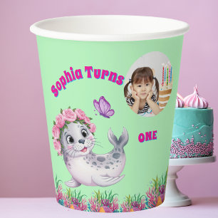 Niedlicher Whimsischer Seelöwe Foto Geburtstag Pappbecher