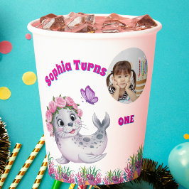 Niedlicher Whimsischer Seelöwe Foto Geburtstag Pappbecher