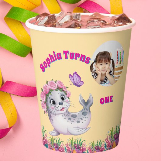 Niedlicher Whimsischer Seelöwe Foto Geburtstag Pappbecher