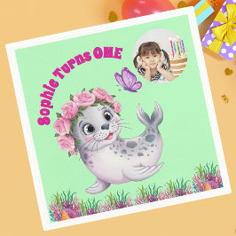 Niedlicher Whimsischer Seelöwe Foto Geburtstag Serviette