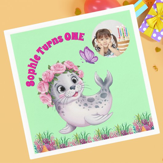 Niedlicher Whimsischer Seelöwe Foto Geburtstag Serviette