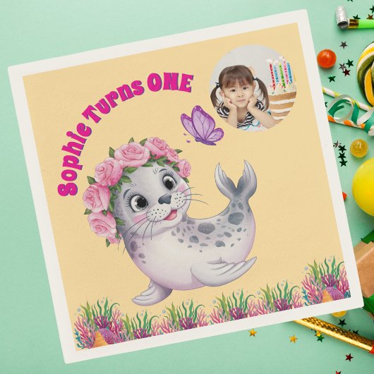 Niedlicher Whimsischer Seelöwe Foto Geburtstag Serviette