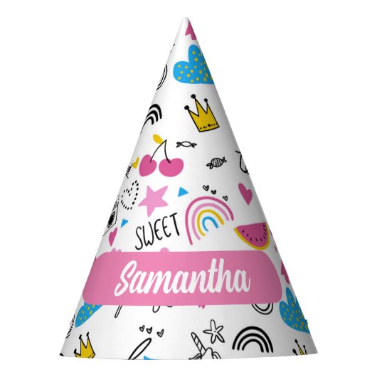 Niedlicher Whimsischer Vorname Unicorn Regenbogenm Partyhütchen (Vorderseite)