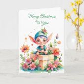 Niedlicher Whimsischer Weihnachtself Karte (Gelbe Blume)