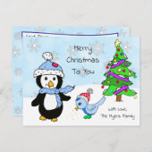 Niedlicher Whimsischer Weihnachtspenguin und Vogel Postkarte (Vorne/Hinten)