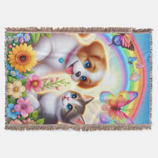 Niedlicher/whimsischer Welpe/Kätzchen Regenbogen Decke (Vorderseite)