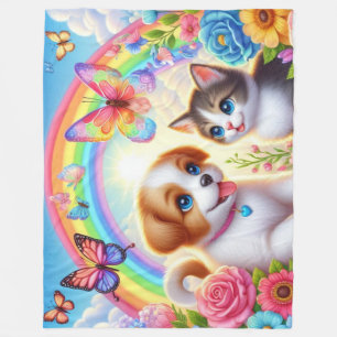 Niedlicher/whimsischer Welpe/Kätzchen Regenbogen Fleecedecke
