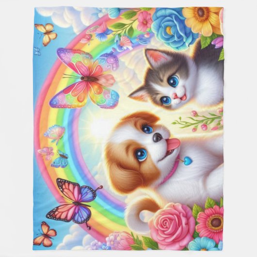Niedlicher/whimsischer Welpe/Kätzchen Regenbogen Fleecedecke (Vorderseite)