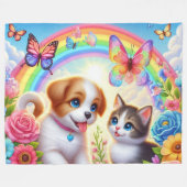 Niedlicher/whimsischer Welpe/Kätzchen Regenbogen Fleecedecke (Vorderseite (Horizontal))