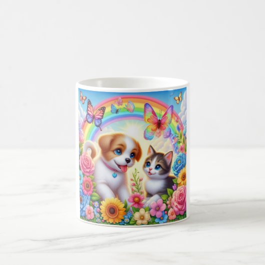 Niedlicher/whimsischer Welpe/Kätzchen Regenbogen Kaffeetasse (Mittel)