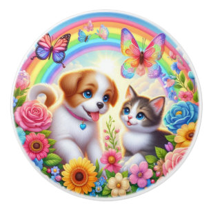 Niedlicher/whimsischer Welpe/Kätzchen Regenbogen Keramikknauf