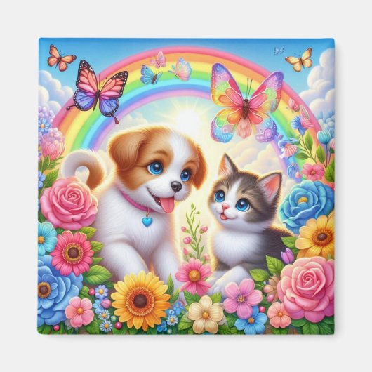 Niedlicher/whimsischer Welpe/Kätzchen Regenbogen Magnet (Vorne)