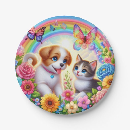 Niedlicher/whimsischer Welpe/Kätzchen Regenbogen Pappteller (Vorderseite)