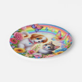 Niedlicher/whimsischer Welpe/Kätzchen Regenbogen Pappteller (Schrägansicht)